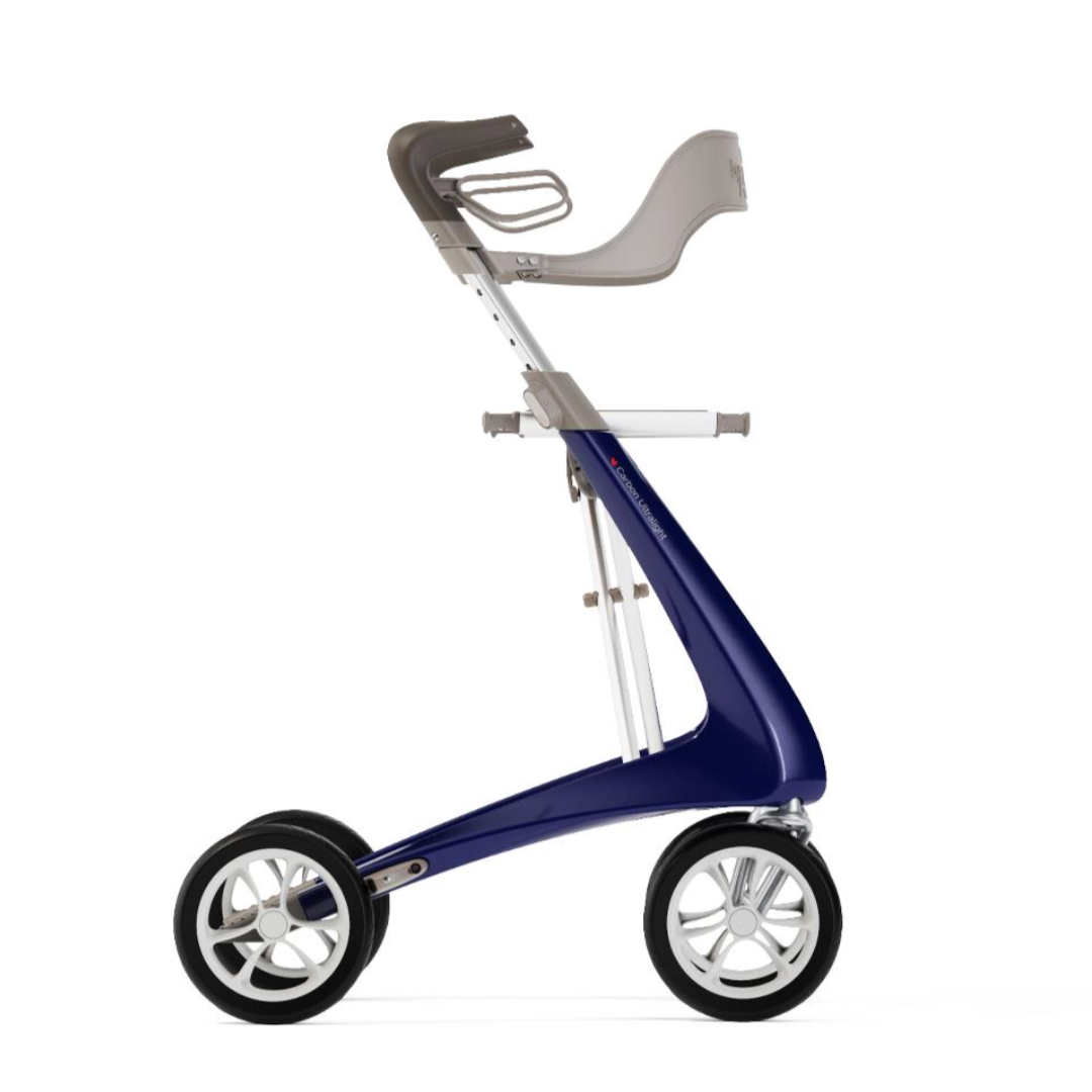 The ByACRE Ultralight Carbon Fiber Rollator, weighing just 10.6 lbs, features a modern minimalist design with a blue and silver carbon fiber frame. It has three large wheels and ergonomically crafted light gray handlebars and seat for premium comfort and support.